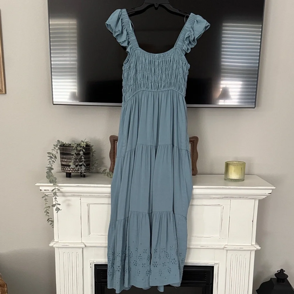 Smocked Ruffle Strap Maxi Dress in Dusty Blue - Picture 3 of 8